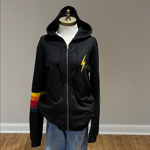 Aviator Nation Tops - Aviator Nation charcoal grey zip front  Hoodie with lightening rainbow size L